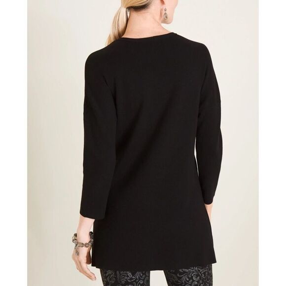 Chico's 2 Velvet-Applique Floral Sweater Large L Long Black V-Neck Tunic Top - Picture 9 of 9